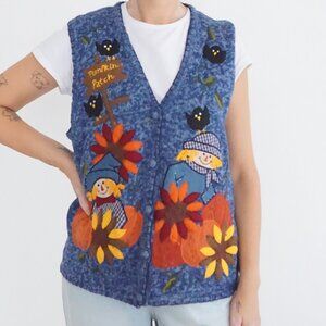 Vintage Bobbie Brooks Blue Pumpkin Patch Scarecrow Crow Applique Knit Vest L